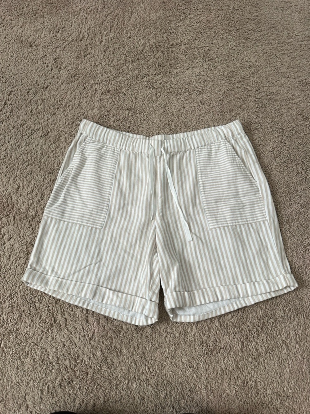 J.Jill 100% Cotton Stripped Cuffed Tan and White Shorts Size M